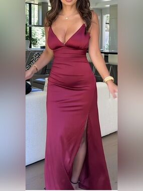 Satin Burgundy Maxi Dress with Side Slit